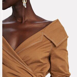 NWOT Staud Jacklyn Brown Topstitched Cotton Blend Collared Midi Wrap Dress $315